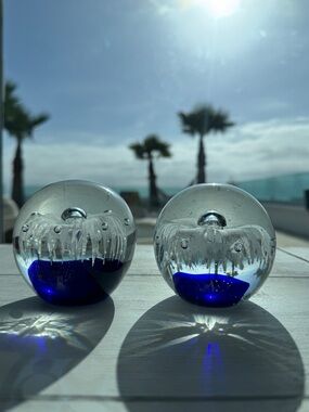 Handblown Blue Glass Art Spheres with Jellyfish looking Detail set 2
